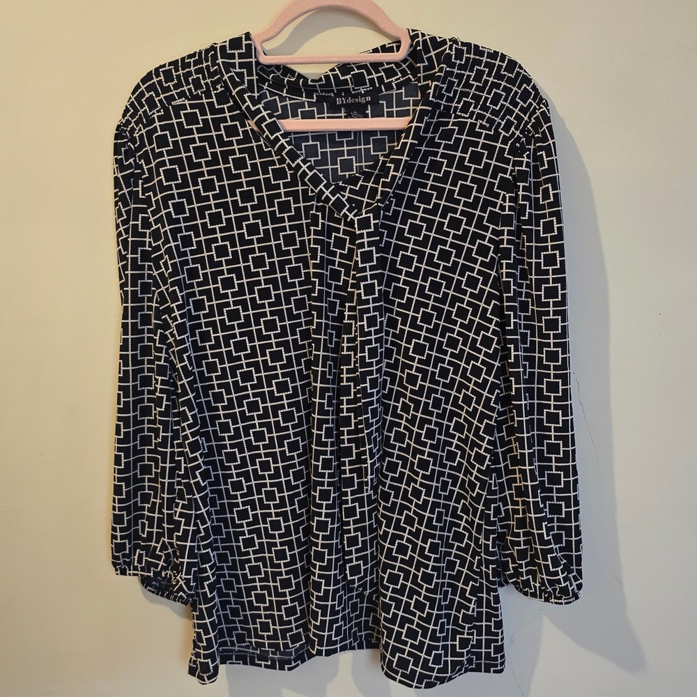 BYdesign Womens XL Black White Geometric Square Link Tie Front 3/4 Sleeve Top